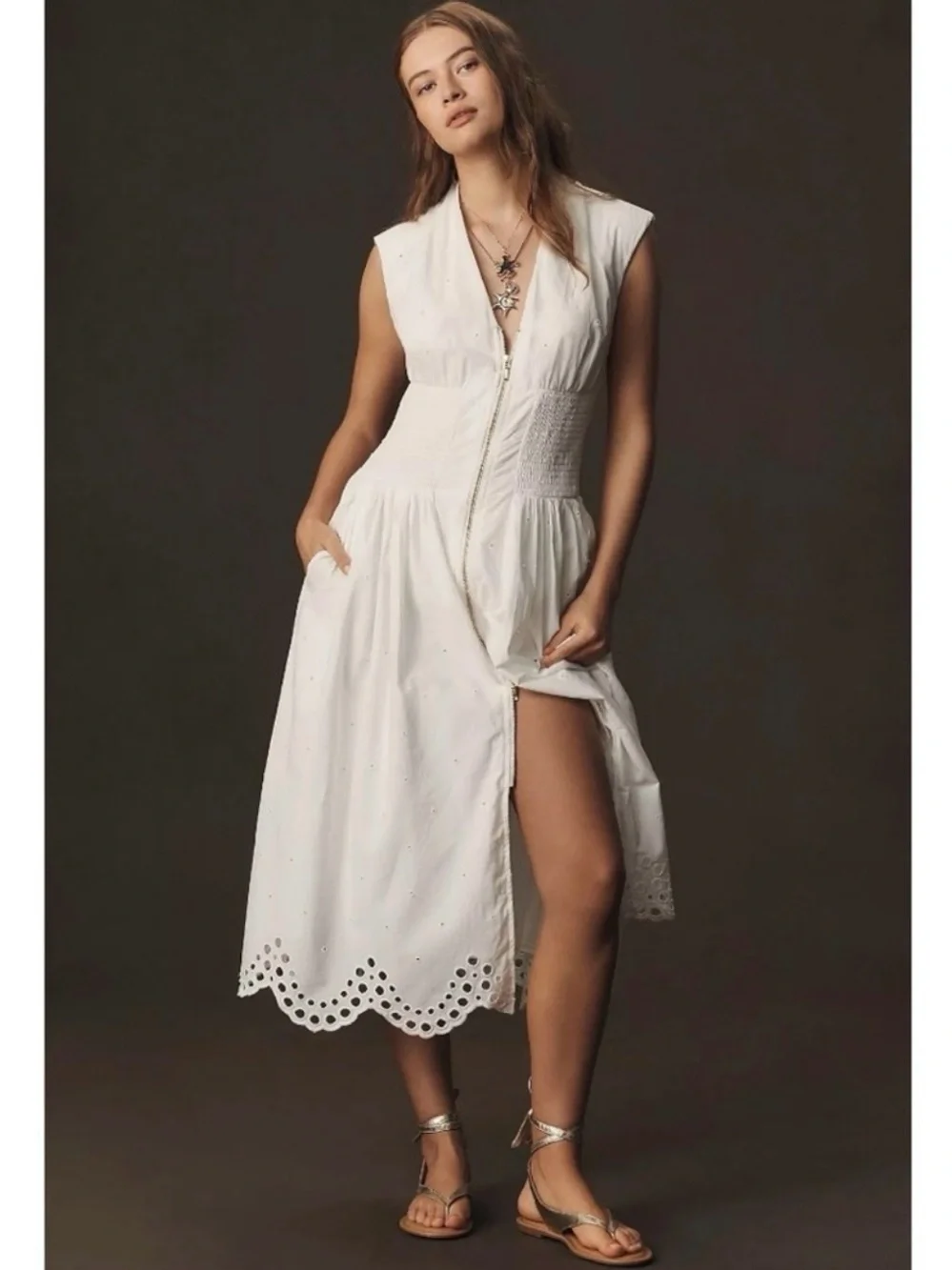 Anthropologie Maeve The Tommie Smocked Shirt Dress Eyelet Trim Zip Front Large - Picture 1 of 11